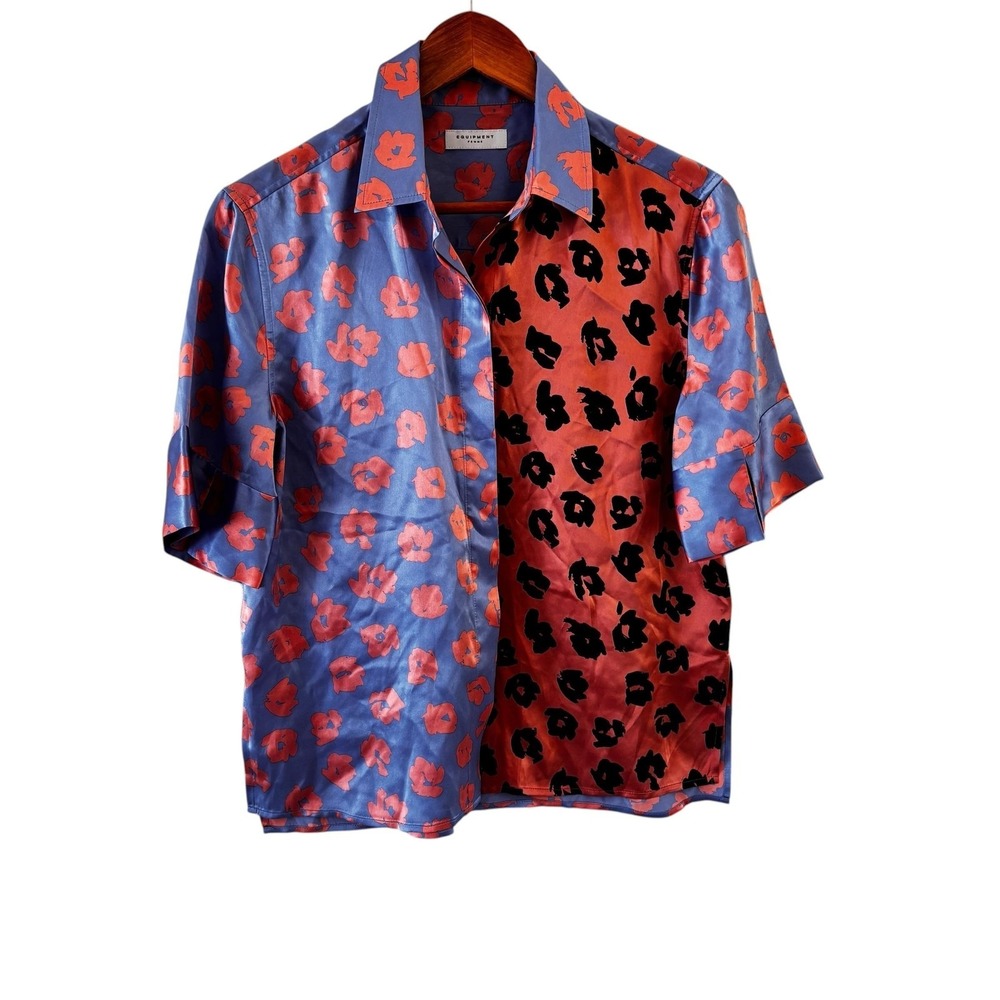 Equipment Femme Silk Button Up Shirt Womens Size S Blue Red Leopard Colorblock